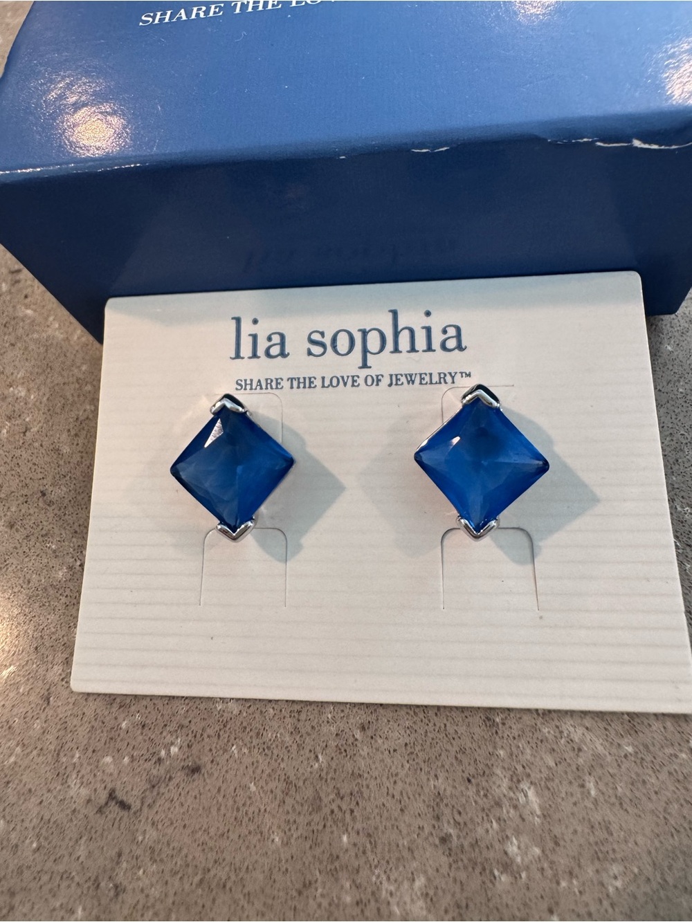 Sapphire Blue Color Diamond-Shape Crystal Stud Earrings! Lia Sophia